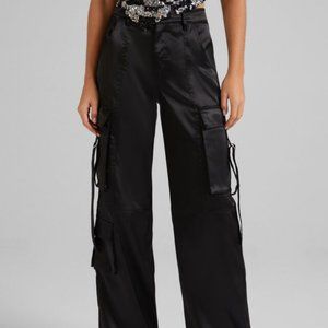 BERSHKA SATIN WIDE LEG CARGO PANT